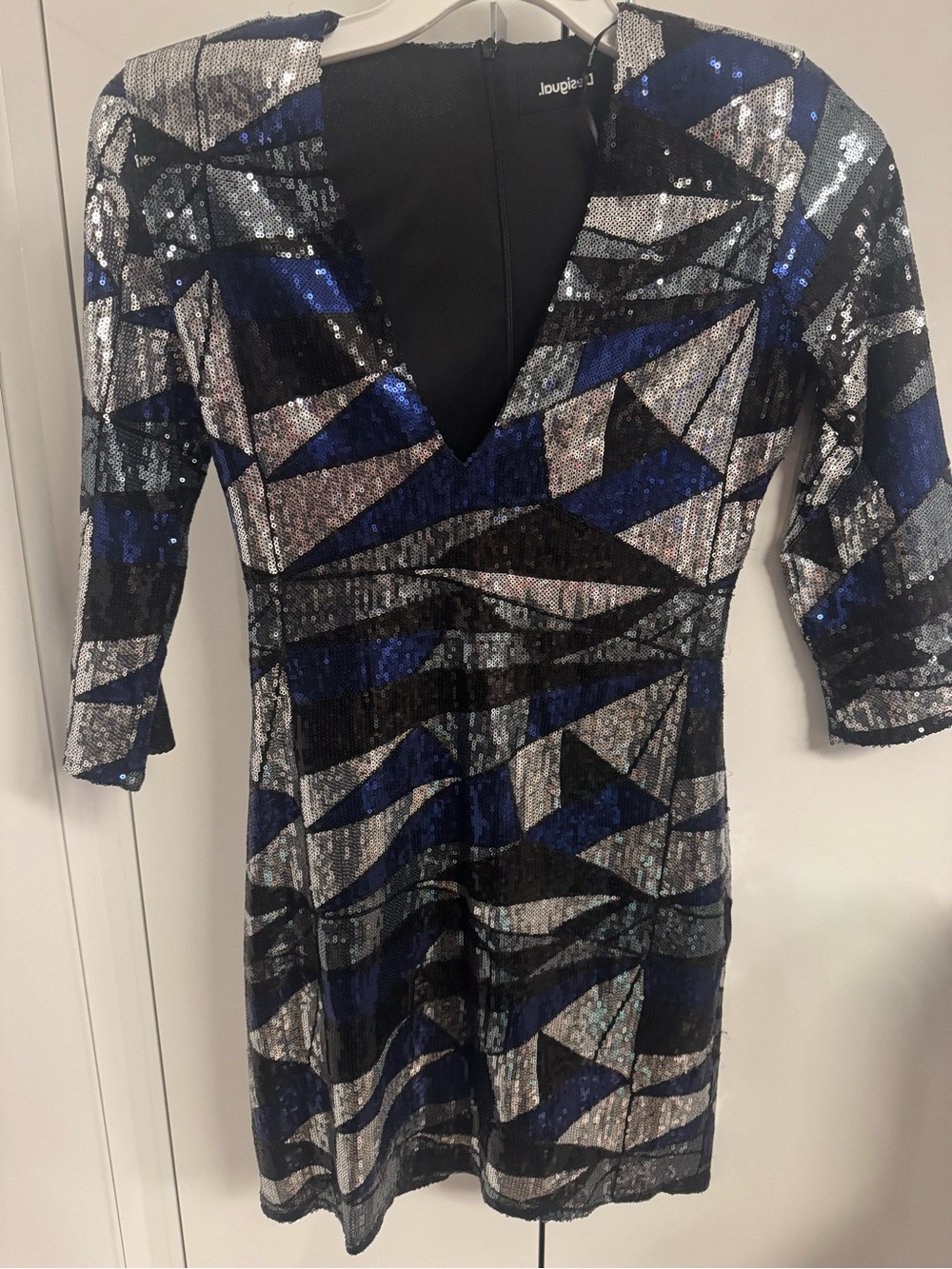 Desigual Blue, Silver & Black Geometric Sequin V-Neck Mini Dress